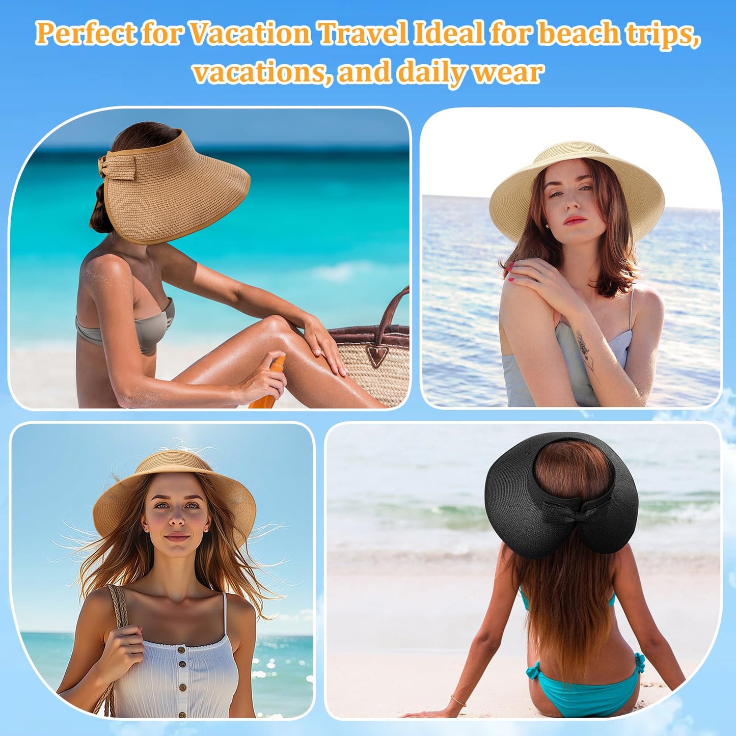 Sun Visor Hats for Women, Summer Packable Straw Beach Hat UV Protection 2025, Women's Ponytail Hat, Foldable Travel- Khaki