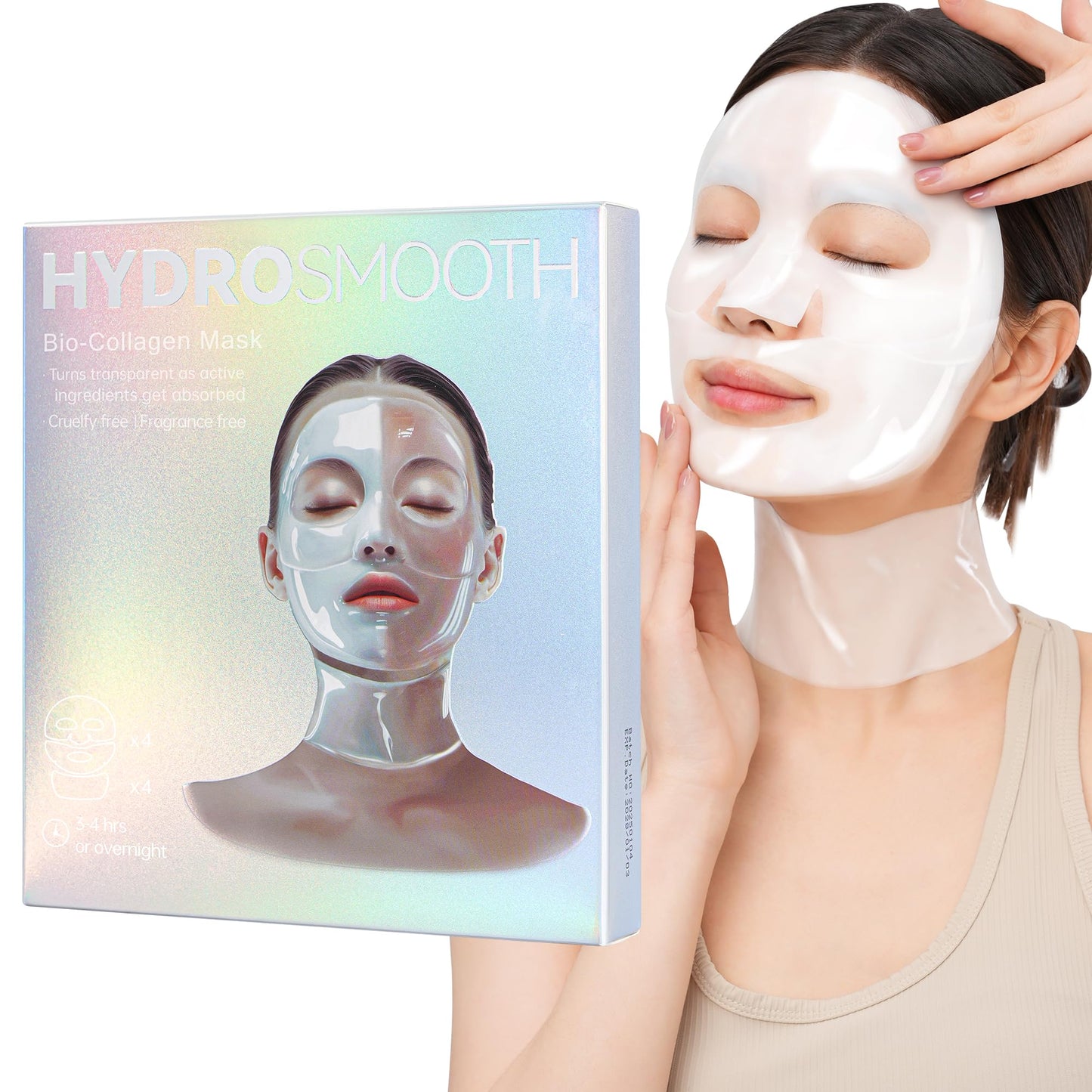 HYDROSMOOTH Bio-Collagen Overnight Mask for FACE + NECK, Glass Skin, Hydrating, Firming, Pore Minimizing, Elasticity Improvement, 50g x 4 pack