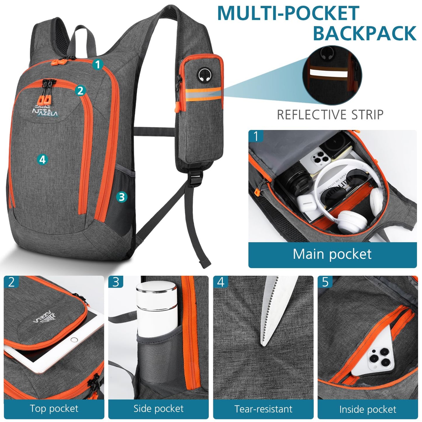 Esup 15L Small Hiking Backpack Foldable Lightweight Travel Day Pack Packable Camping Backpack for Women Men (Gray)