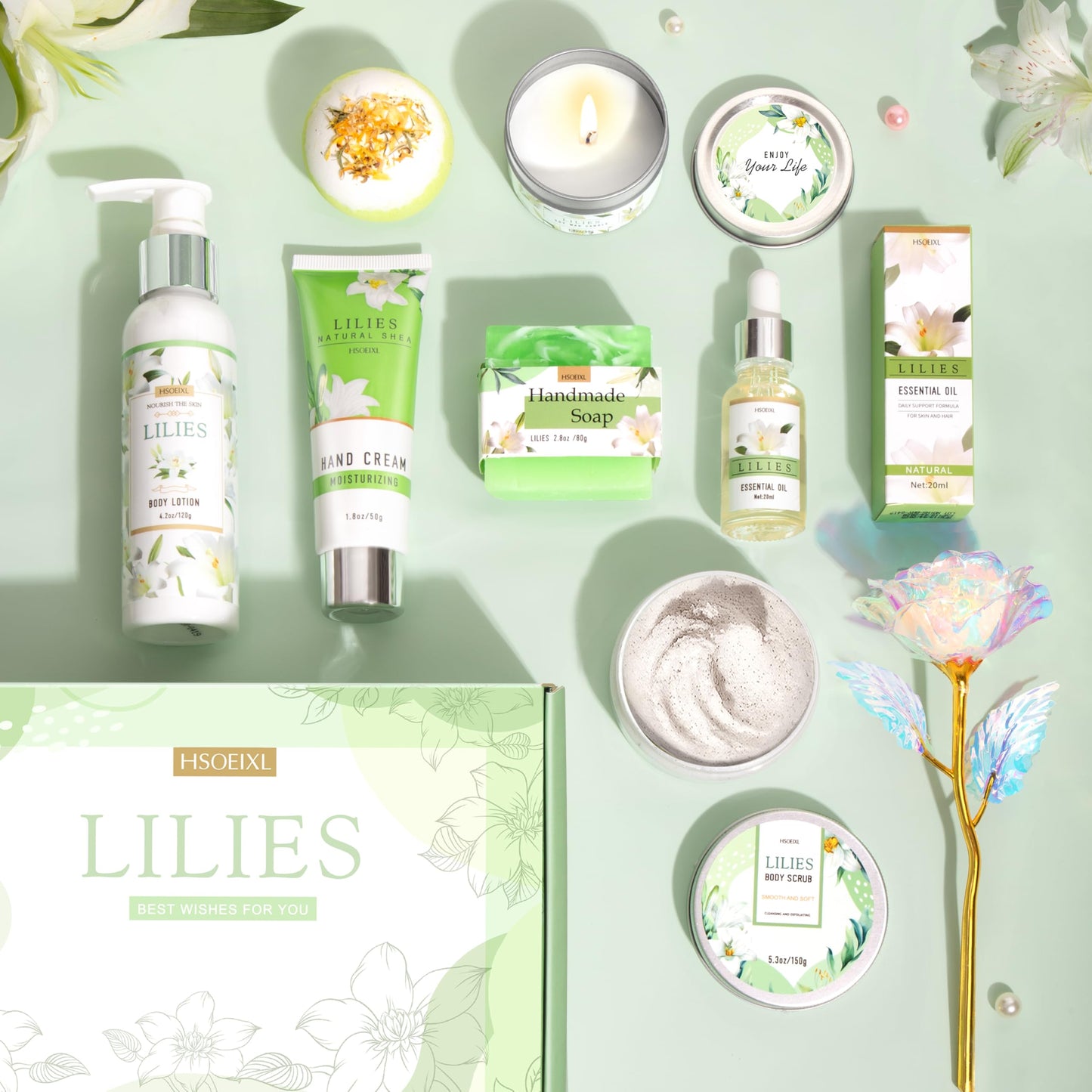 HSOEIXL Gifts for Women, Birthday Gifts for Women, Bath and Body Gifts Set, Lilies Self Care Set,Christmas Mothers Day Relaxing Spa Basket for Mom, Grandma, Girlfriend, Sister, Friends