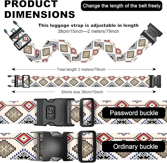2 Pack Luggage Straps, Adjustable Cute Printing with Combination Lock Luggage Straps for Women Men Travel School Business Trips-Boho