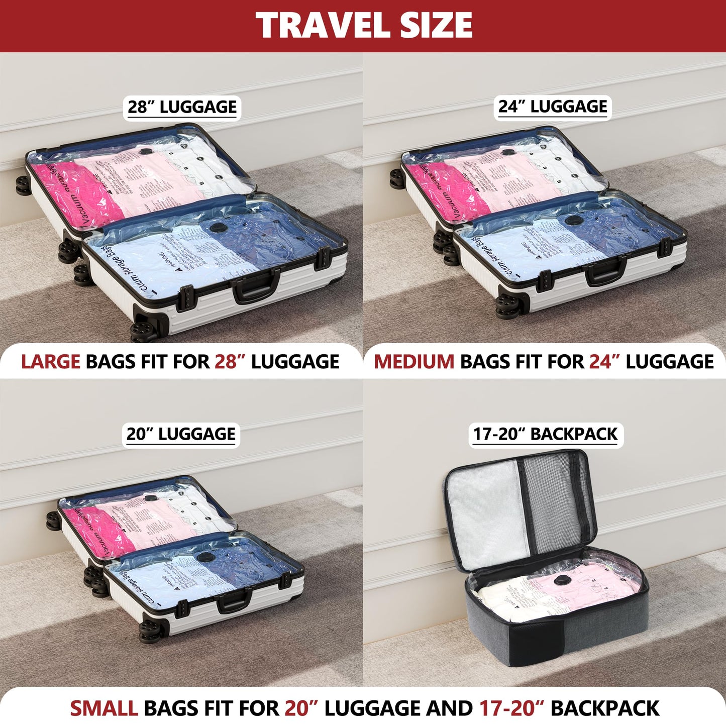 SUOCO Vacuum Bags for Travel with Portable Electric Pump, 8 Pack Carry on Size Compression Packing Seal Bags for Luggage and Suitcase, Space Saver for Clothing Travel