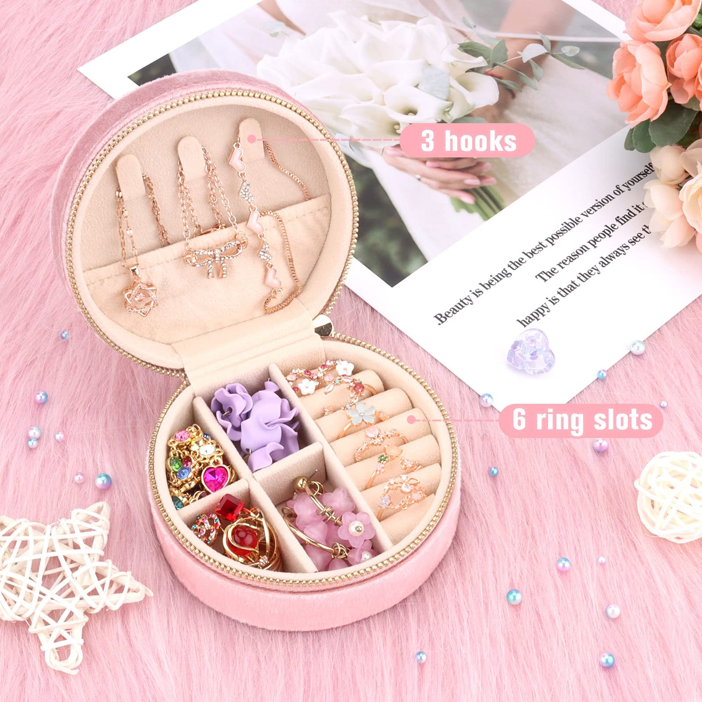 DesignSter Travel Jewelry Box - Velvet Mini Jewelry Organizer, Small Jewelry Case for Girls Women, Jewelry Storage Box for Rings Earrings Necklace (Circular, Lotus Pink)