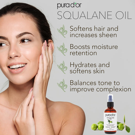 PURA D'OR 3.38 Oz Squalane Oil - Non-GMO 100% Pure & Natural - Moisturizer For Face, Hair And Body - Vegan, Cruelty-Free with Anti-Aging Benefits - Men & Women - Travel Size