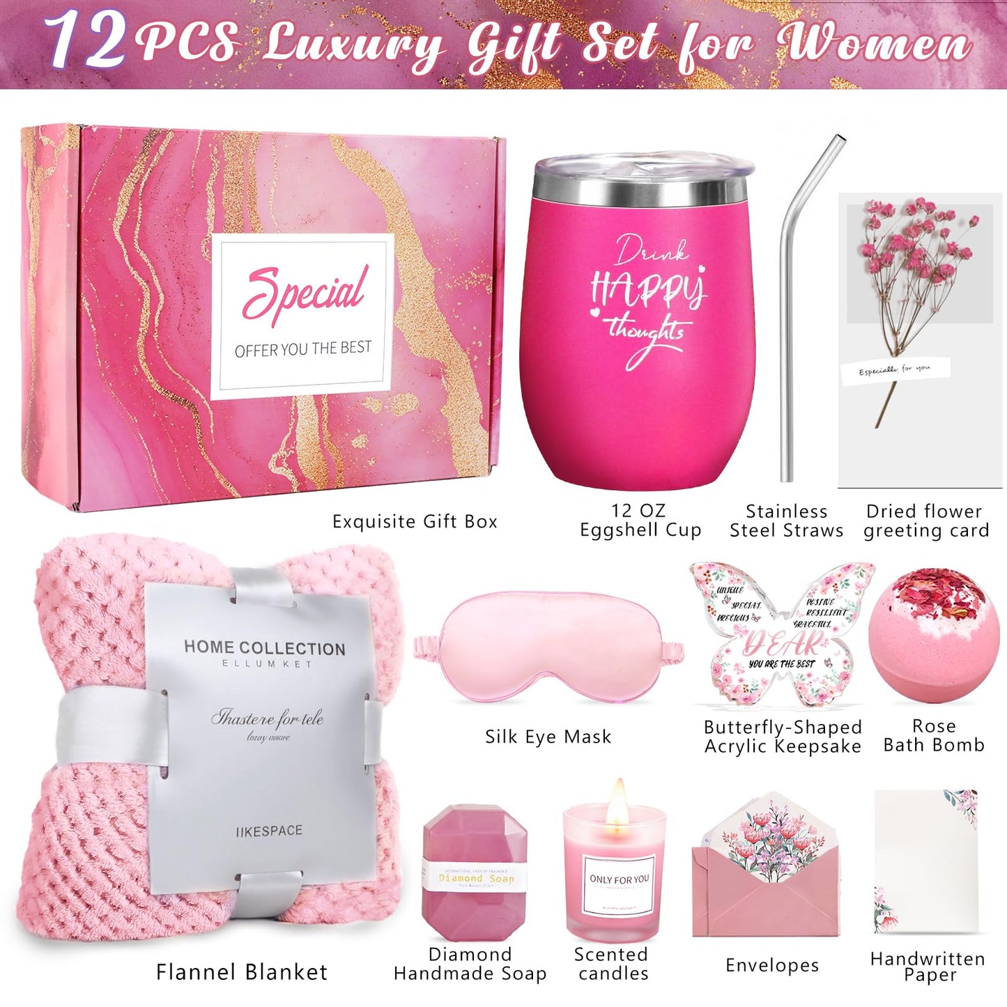 Birthday Gifts for Women, 12 PCS Unique Relaxing Spa Self Care Box Get Well Soon Gifts Baskets, Mothers Day Gifts for Mom, Wife, Girlfriend, Friends, Her Fantasy Box (Pink)