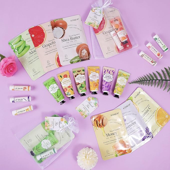 60 Pack Bulk Lip Balm, Facial Mask and Hand Cream Sets, Bridal Shower Favors, Thank You Gifts and Bridesmaid Gifts for Guests, Birthday Gifts, Adult Party Favors and Small Gifts for Women