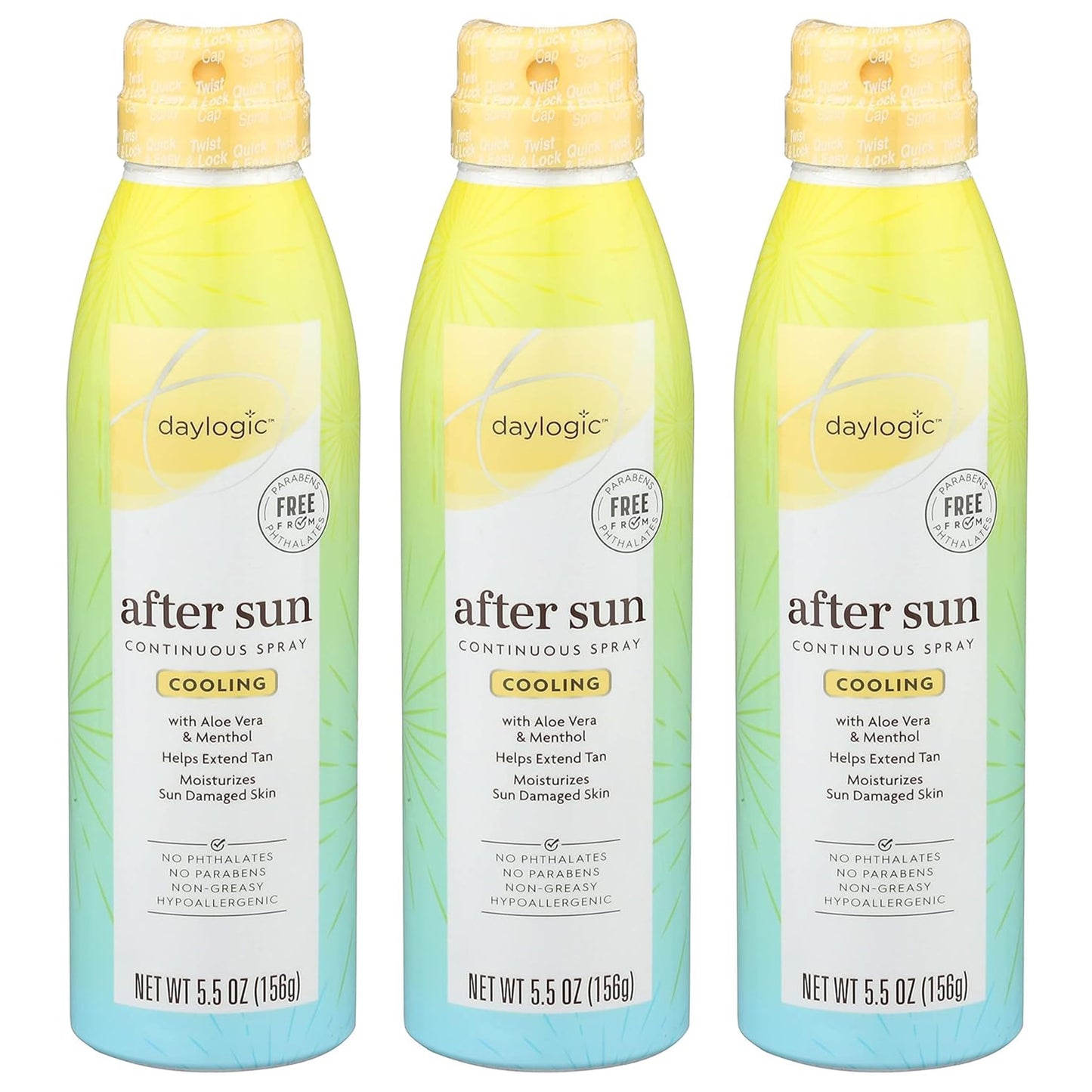 ZompoZ After Sun Spray with Aloe Vera and Menthol, 5.5 oz, Pack of 3, Cooling Mist for Sunburn Relief, Tan Extender and Skin Hydration, Continuous Spray, Non-Greasy, Hypoallergenic