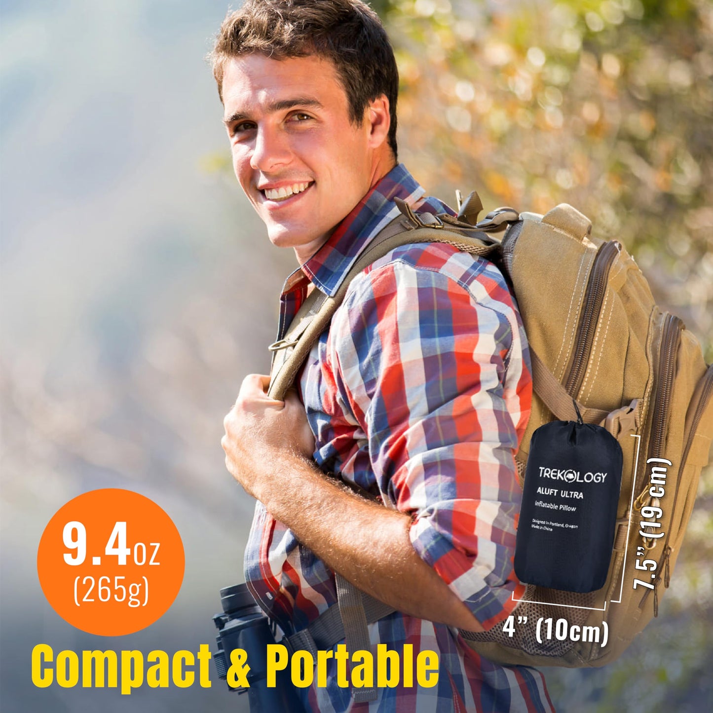 TREKOLOGY Camping Pillow - Large Inflatable (24"x15") for Home-Like Comfort, Portable & Ergonomic, Easy to Clean, Durable & Leak-Proof, Removable Strap for Secure Fit – ALUFT Ultra (Blue)