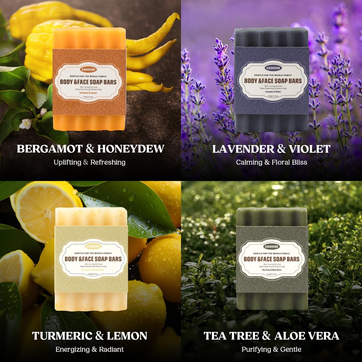 CADDISE Natural Soap Bar – Cold Process Handmade Soap for Face & Body Wash, Moisturizing & Cleansing with Tea Tree & Coconut Oil, Shea Butter, Jojoba & Honey, Gift Set for Men & Women, 4 Pack 16.8 Oz