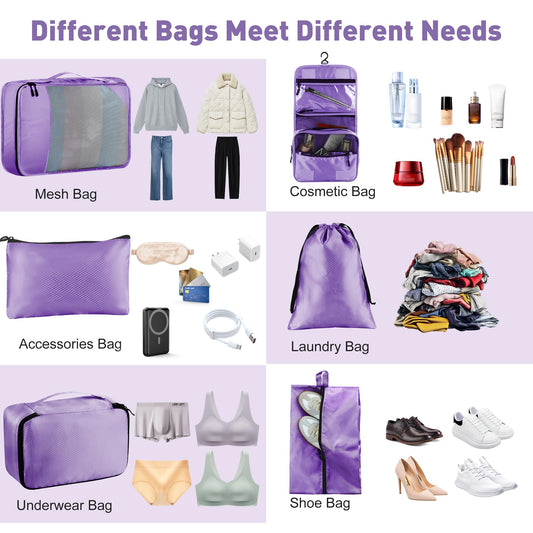 Toncoke 8-Piece Packing Cubes for Travel, Mesh Luggage Organizers with Shoe Bag, Toiletry Bag, Laundry Pouches, 4 Sizes (XL/L/M/S) for Suitcase Organization, Men Women Kids, Purple