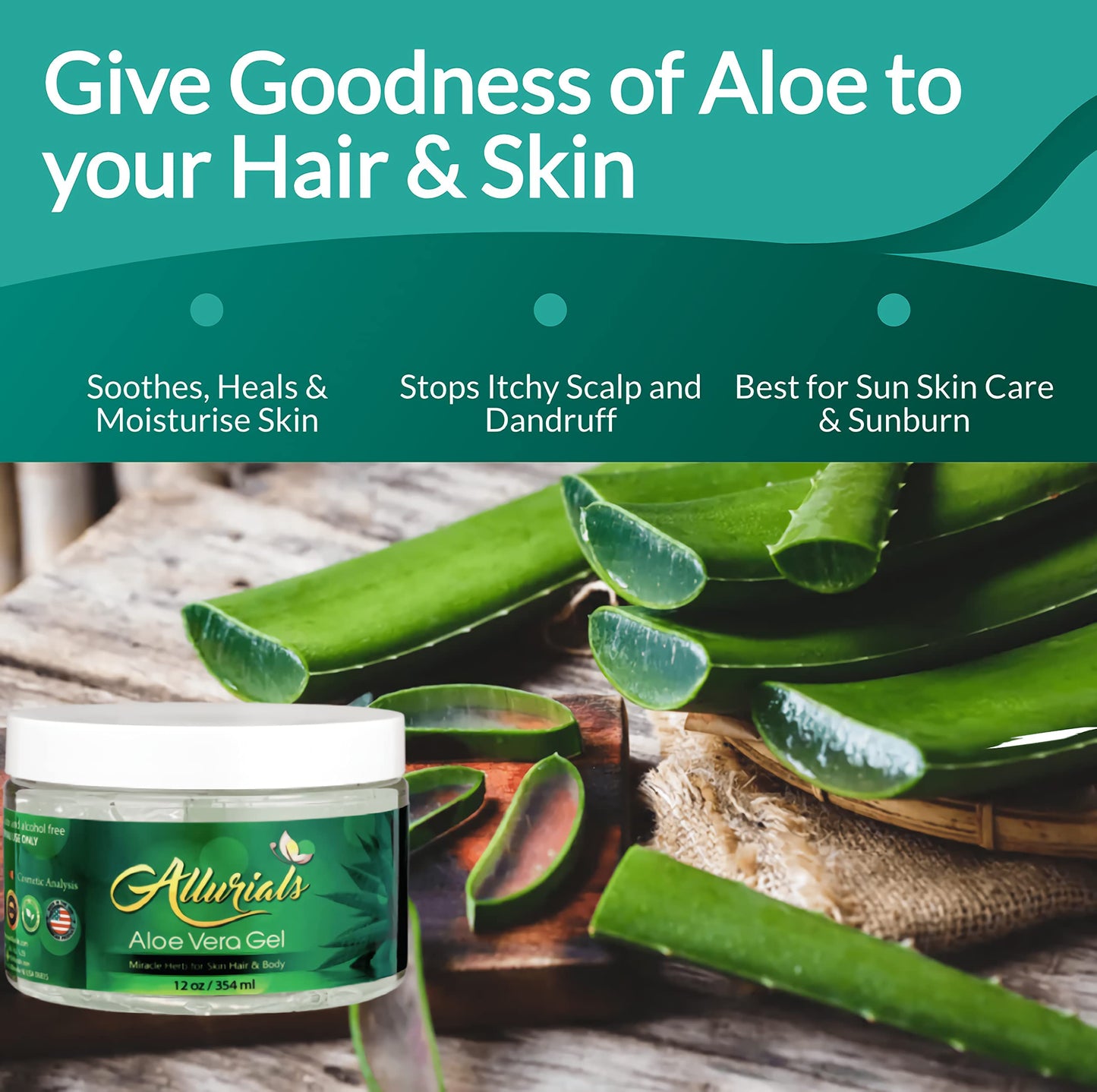 Allurials 99.75% Pure & Organic Aloe Vera Gel - Made in USA, Clinically tested & Dermatologist approved, Hydrates & Heals Dry & Damaged Skin & Hair- 12 Oz