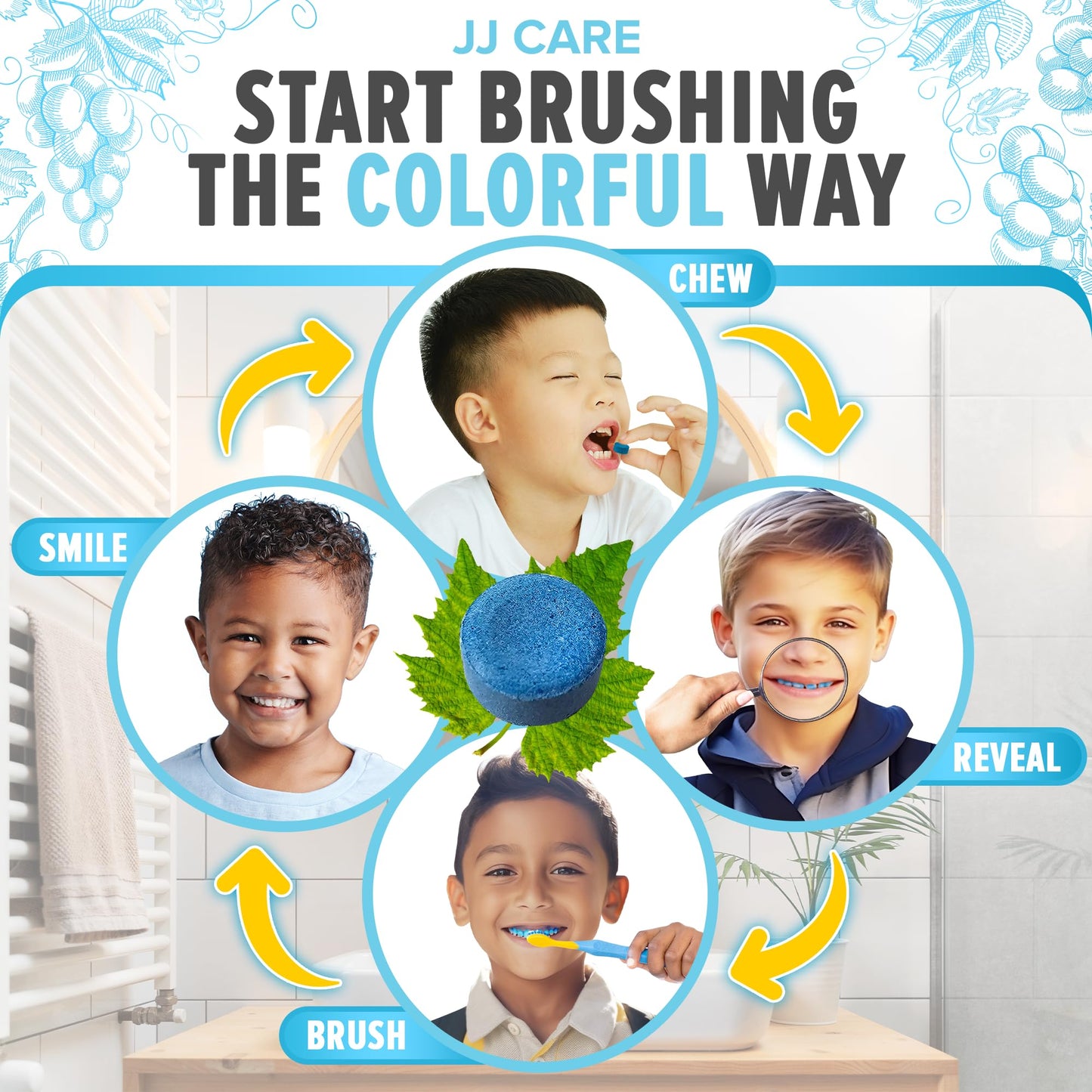 JJ Care Disclosing Tablets for Kids - 60 Count, Individually Wrapped Plaque Disclosing Tablets for Kids Brushing Teeth, Grape Flavored Plaque Remover, Dental Care for Teeth Brushing