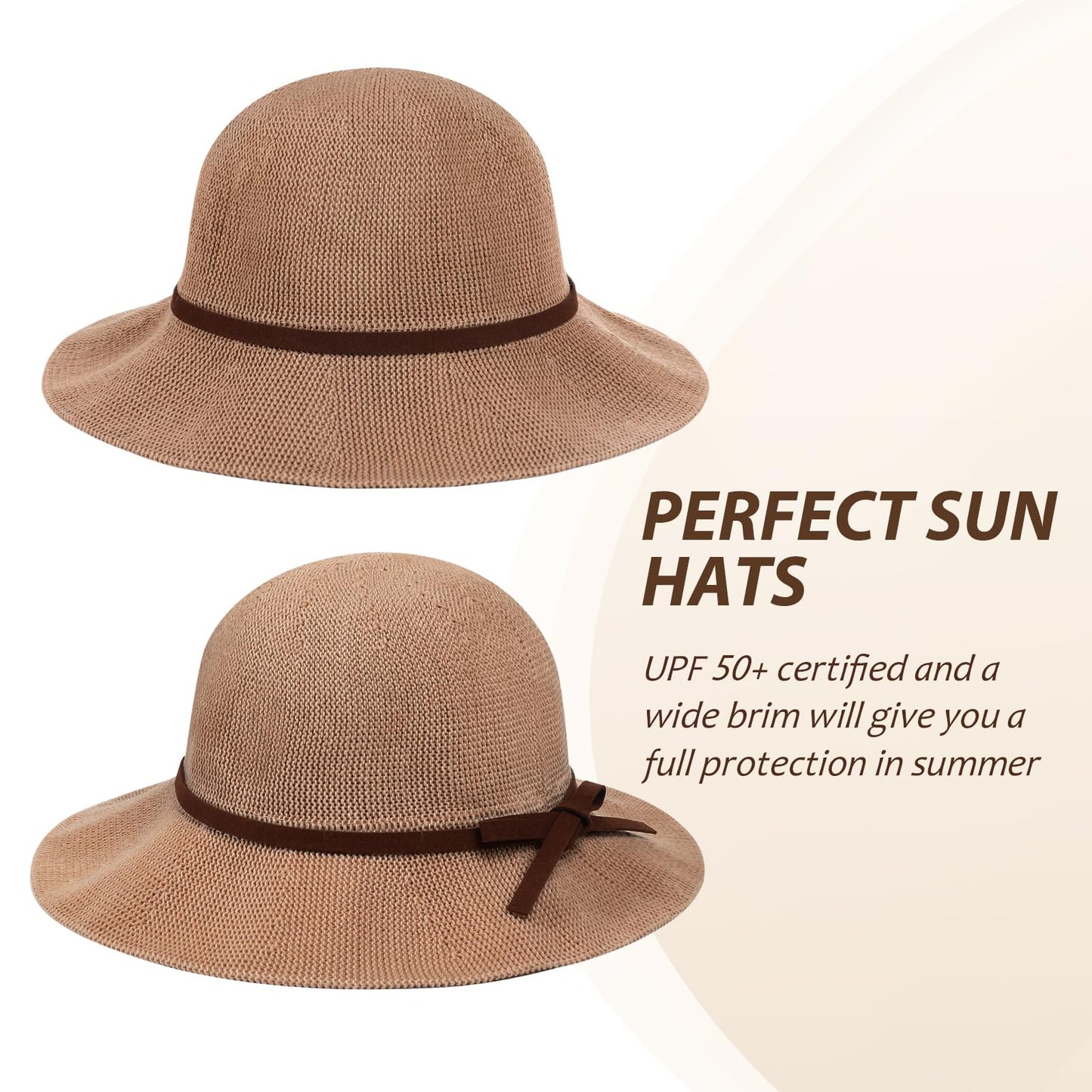 Sun Beach Hats Summer for Women, UPF 50+ UV Sun Protection Woven Crochet Hat Foldable Packable Roll up Knitted Cap, Khaki
