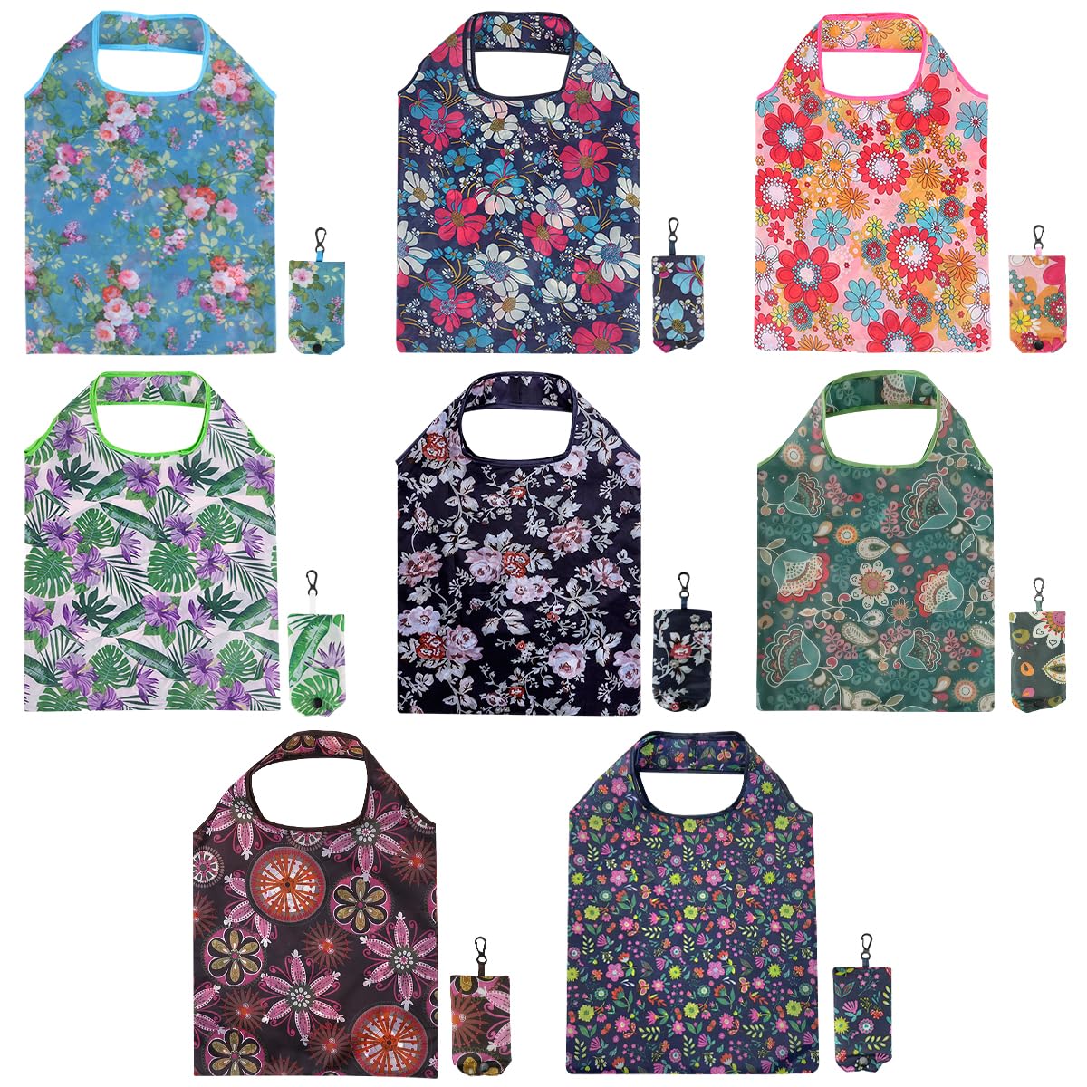 DIBALIYI 8 Pcs Reusable Floral Grocery Bags, Foldable Washable Fashion Shopping Bags, Portable Eco-friendly Tote Bag Gifts for Women, Cute Waterproof Flower Travel Recycle Bag for Supermarket (8Pcs)