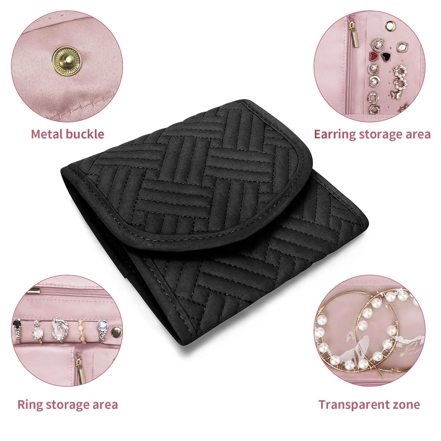 SUNRISING Travel Jewelry Organizer Case for Women, Foldable Jewelry Roll Pouch Bag with Portable Design for Journey Rings, Necklaces, Earrings, Bracelets, Mini - Black