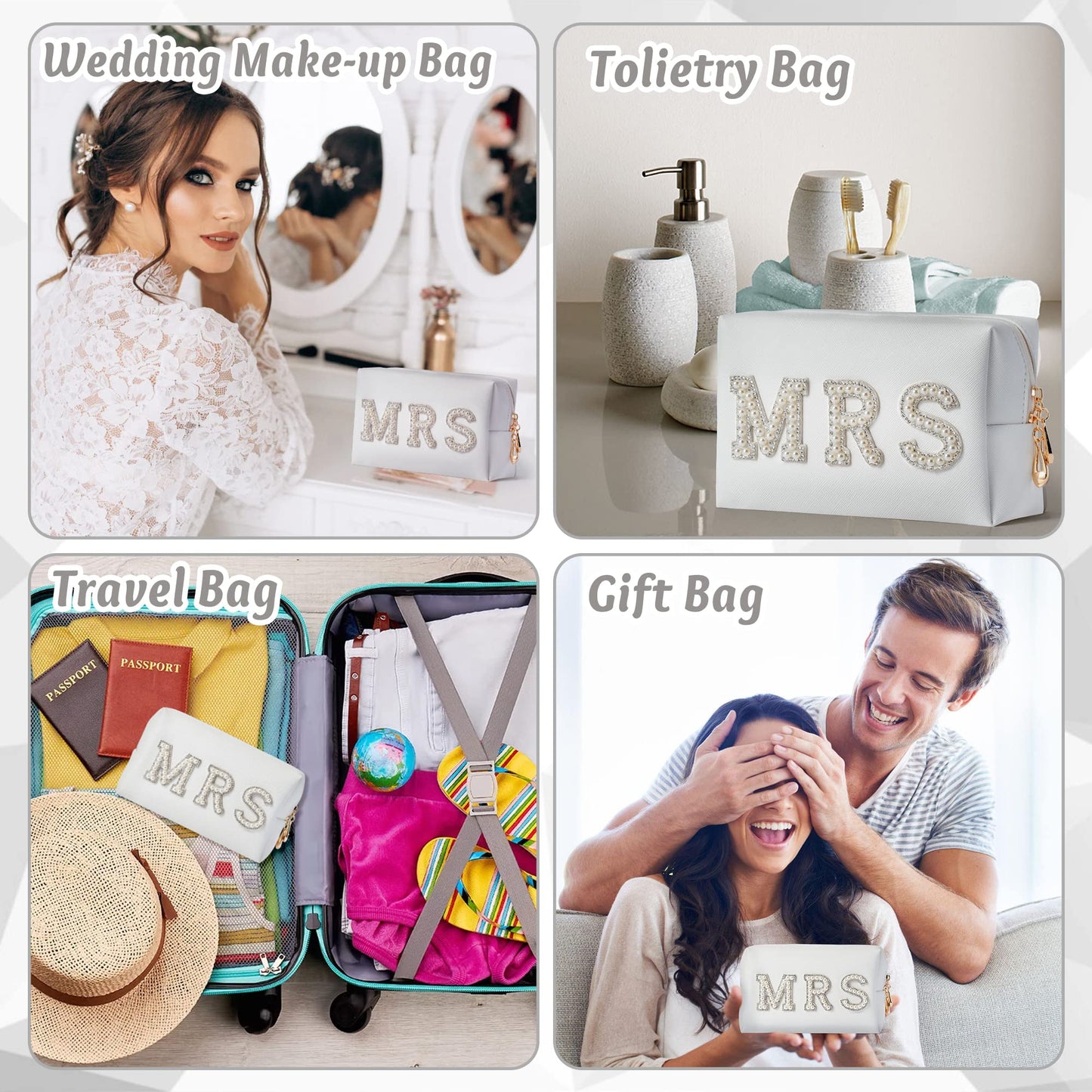 Y1tvei Bride Makeup Bag, Bridal Cosmetic Bag, Fiance Gifts for Women, Engagement Gift Basket for Her Bridal Shower, Mrs Bling Rhinestone Patches Wedding Purse, PU Leather Travel Toiletry Bag
