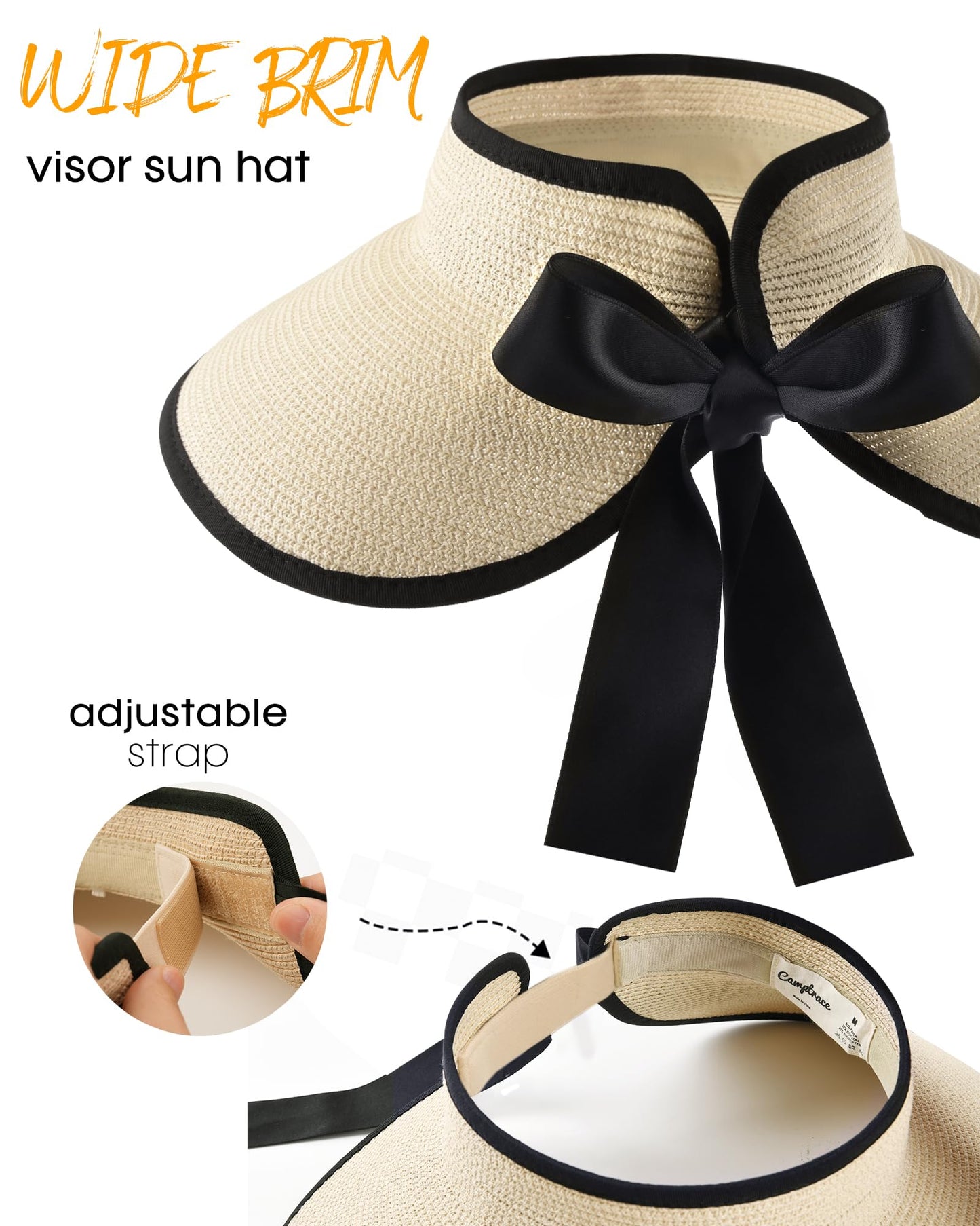 Camptrace Sun Visors for Women Wide Brim Beach Hat Foldable Straw Visor Hat Ponytail Summer Packable UPF 50+ Beige