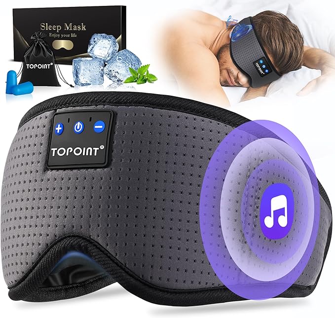 TOPOINT Sleep Mask with Bluetooth Headphones, Breathable Silk Eye Mask for Sleeping Men Women, Bluetooth Sleep Mask Blackout with Speakers, Microphone Handsfree, USB C for Travel Meditation Gifts