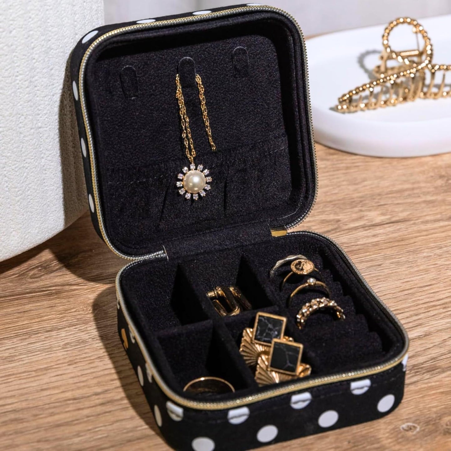 kate spade new york Small Travel Jewelry Case, Black Dotted Jewelry Box to Organize Rings, Necklaces, Earrings, Polka Dot