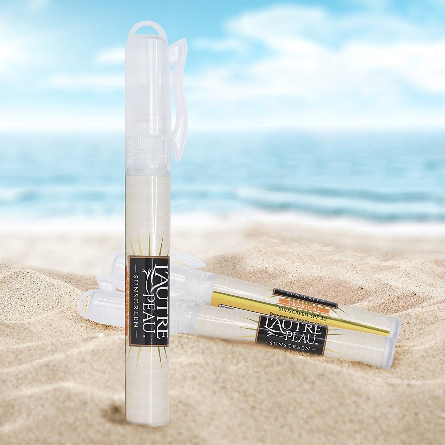 SPF 30 Sunscreen Spray Pen by L’AUTRE PEAU - Water Resistant Tropical Scent - Travel Size Sunscreen for Men, Women and Kids - Non Greasy Broad Spectrum UV Protection - Translucent Frost 3 Pack (10ml)