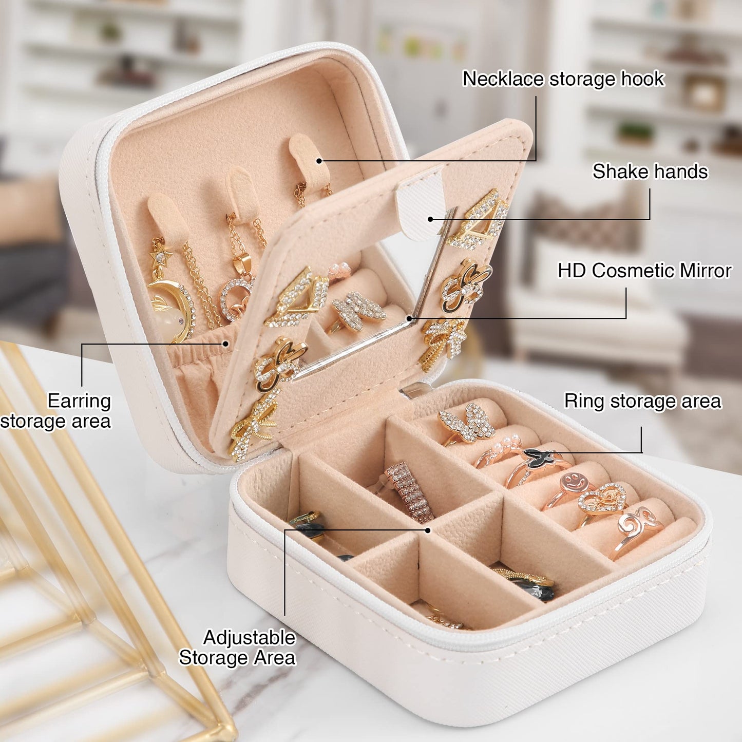 XZUZ Small Travel Jewelry Box With Mirror, Portable Jewelry organizer Display Storage Box for Earrings Rings Necklaces, Jewelry ase for female Girls (White 2pcs).