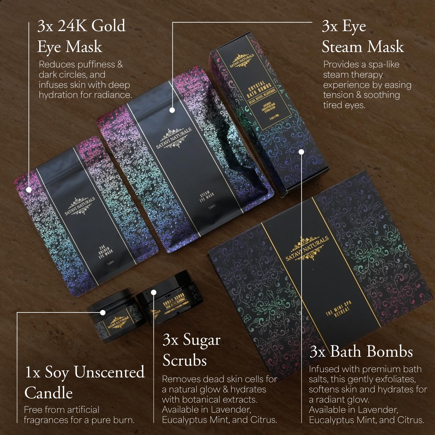 Satavi Naturals The Mini Spa Retreat - Home Spa Kit Including 24K Gold Eye Mask, Bath Bombs & Sugar Scrubs, Candle & Self-Heating Steam Eye Mask - Pampering, Relaxation & Self Care Gifts for Women