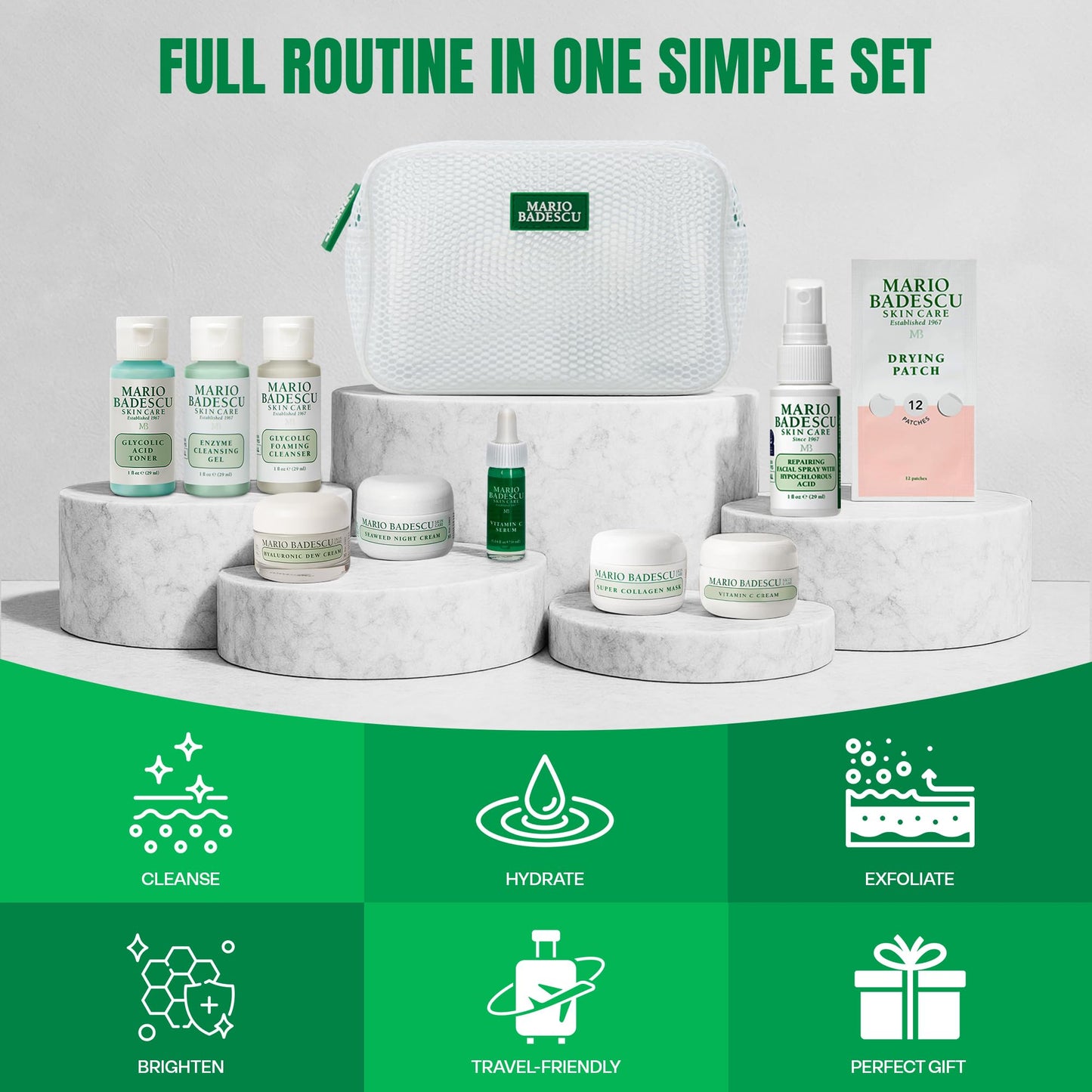 A Little Bit of Mario 10-Piece Skincare Kit – Vitamin C Serum, Glycolic Acid Toner, Hyaluronic Dew Cream, Collagen Mask, HOCI Spray & Cleanser – Brightening, Anti-Aging & Hydration – Travel & Gift Set