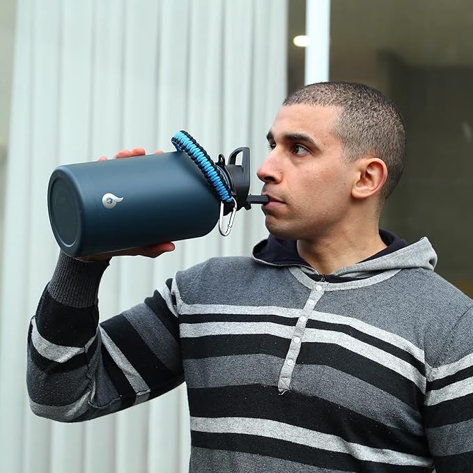 BJPKPK Half Gallon Insulated Water Bottles with Straw Lid, 64oz Large Water Jug, Stainless Steel Bottles with 3 Lids and Paracord Handle, Thermo for Hot & Cold Liquid, Army Green