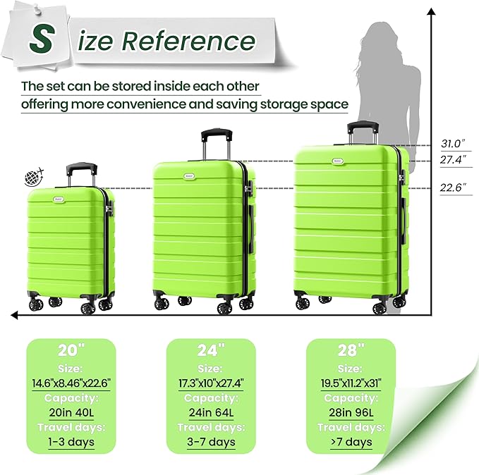 AnyZip Luggage Sets 10 Piece Hardshell Suitcase Set PC ABS Lightweight Travel Suitcases with 4 Double Spinner Wheels TSA Lock 20 24 28 Inch with 7 Storage Bags Apple Green