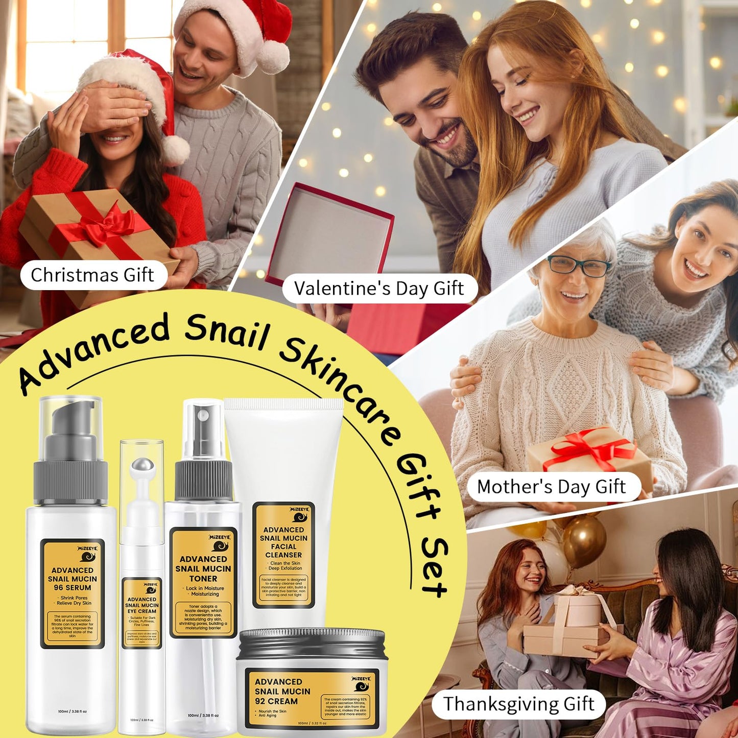Advanced Snail Mucin Skincare Set For Teen Girl, Anti Wrinkle & Repair Face Skin Care Gift Set With Face Wash, Toner, Serum, Face Cream, Eye Cream, 5PCS Peptides Snail Mucin Kit Travel Size For Women.