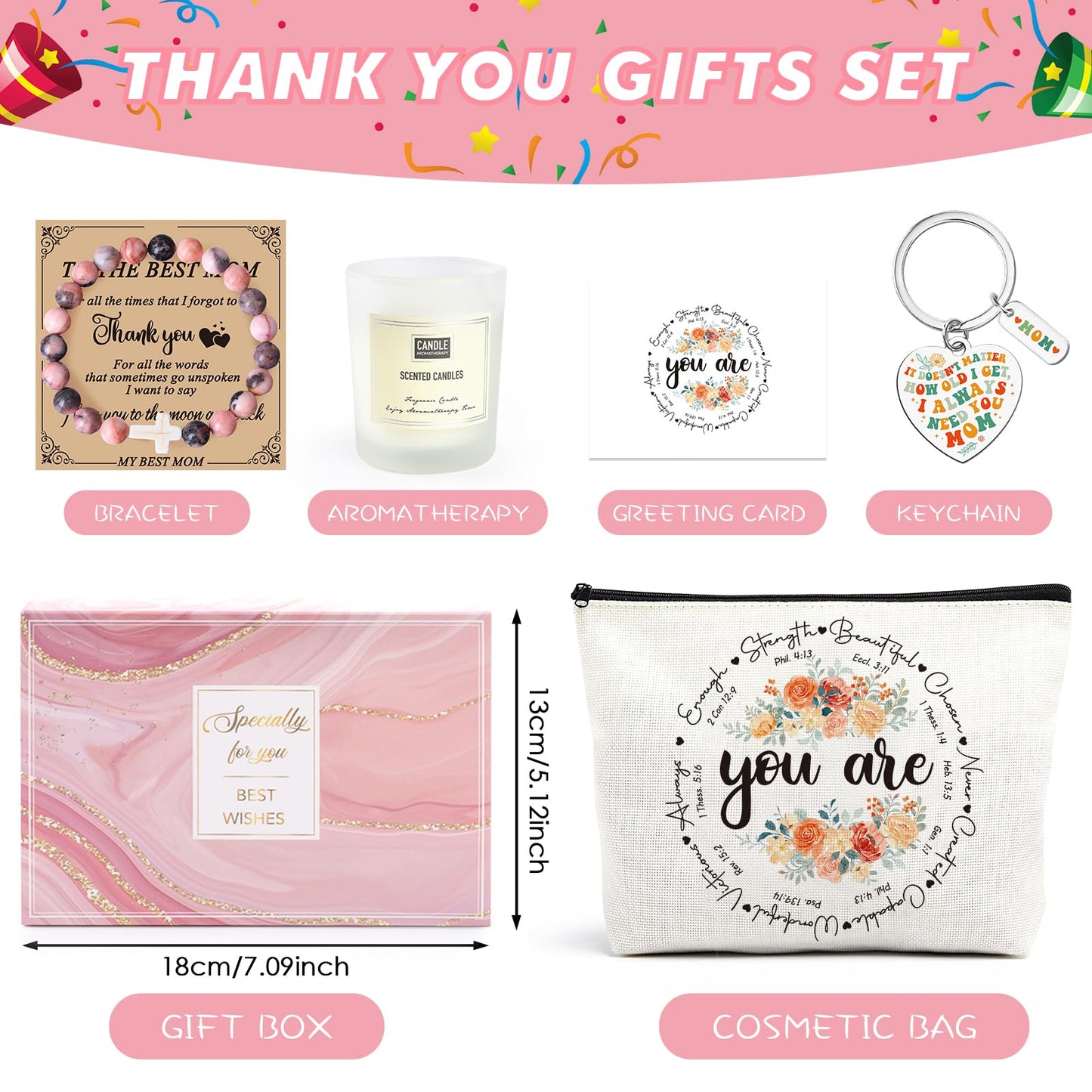 Velokomo Appreciation Gifts for Mom - 5pcs Pink Box Set for Best Mother Birthday Christmas Gift for Women Thank You Present Kit with Makeup Bag Card Bracelet Keychain Candle
