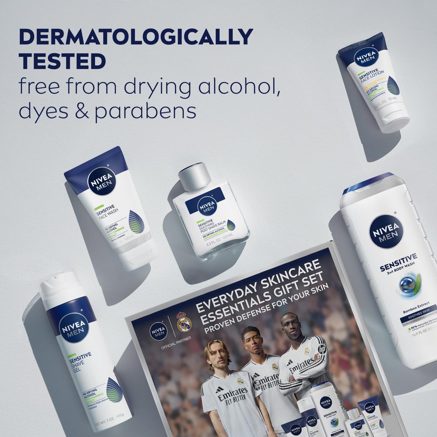NIVEA MEN Sensitive Skin Care Set for Men, Face Wash, 5 Fl Oz + Body Wash, 16.9 Fl Oz + Shave Gel, 7 Oz + Soothing Post Shave Balm, 3.3 Fl Oz + Face Lotion SPF 15, 2.5 Fl Oz
