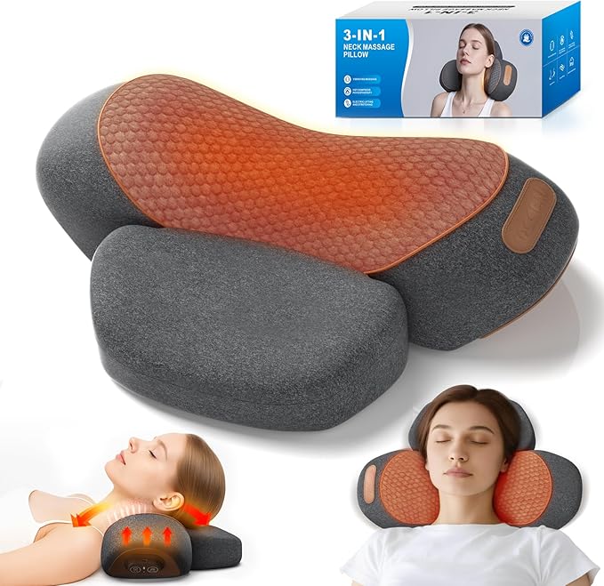 3-in-1 Neck Massager Pillow with Heating and Cervical Traction - Deep Tissue Massage for Pain Relief, Ergonomic Shoulder Massage Pillow, Neck Hump Corrector Ideal Gift for Women and Men