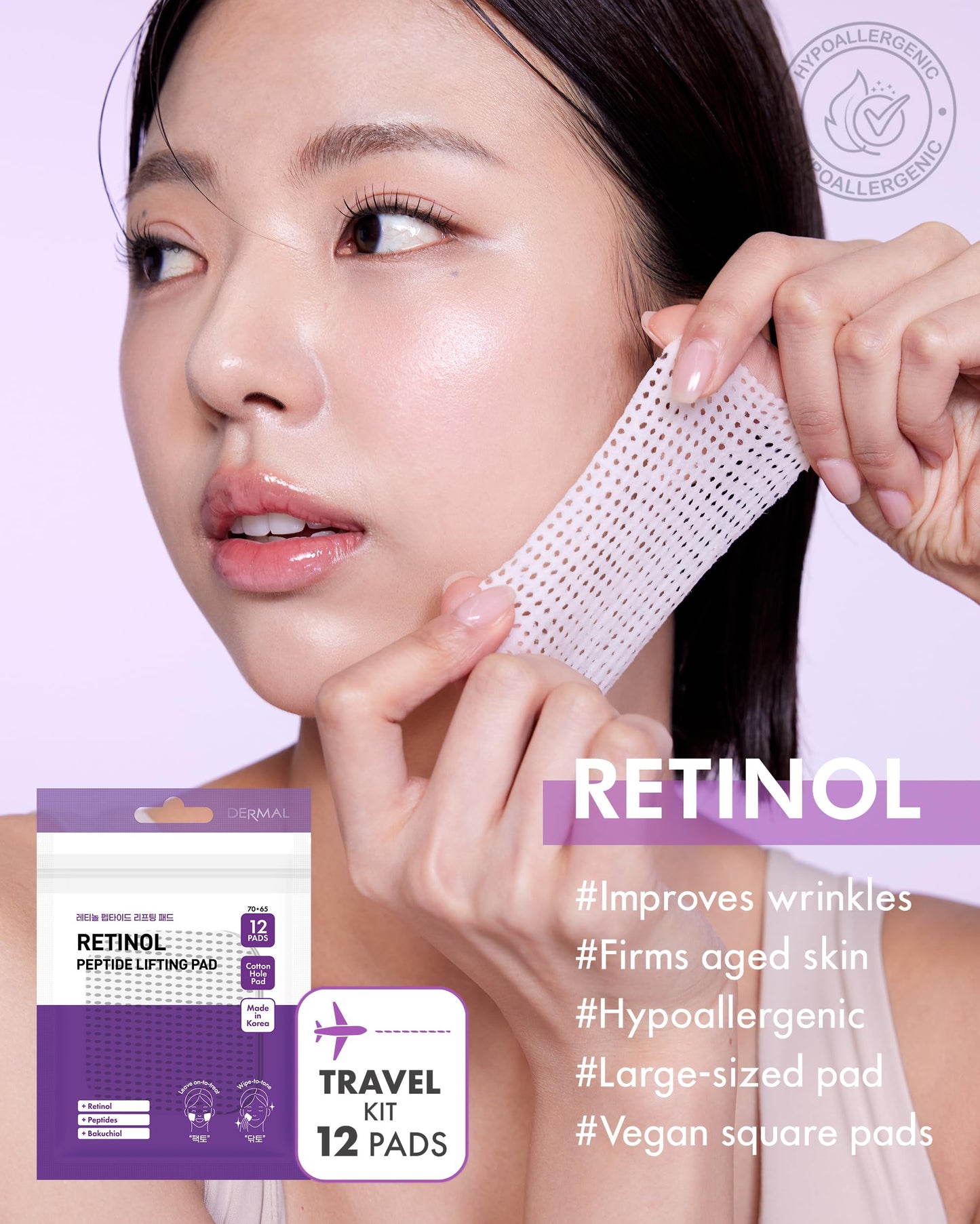 DERMAL Retinol Peptide Lifting Pad - Korean Toner Pad for Anti-Aging & Wrinkles with Bakuchiol - Vegan Pure Cotton Square Pads - Travel Kit 12 Pads, 3 Pack (Total 36 Pads)