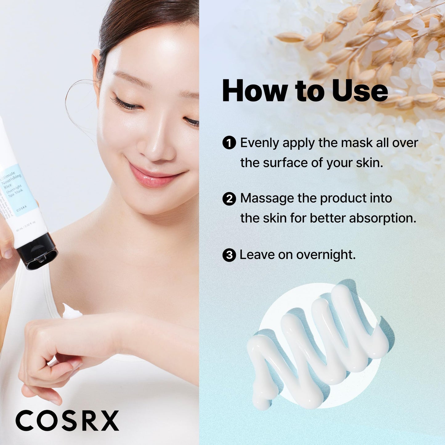 COSRX Ultimate Nourishing Rice Overnight Spa Mask, 60ml / 2.02 fl.oz | Rice Extract 68% and Niacinamide 2%, Korean Skin Care, Animal Testing Free, Paraben Free