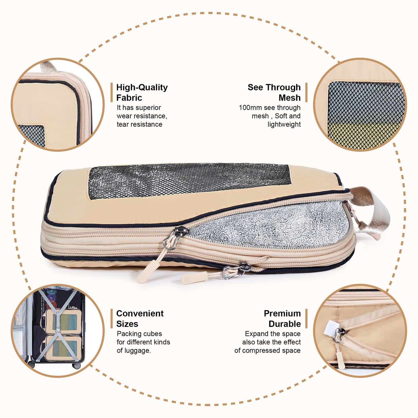 PFEYRPK 7 Set Compression Packing Cubes Packing Organizer for Travel,Travel Accessories for Carry on Luggage Suitcase Backpack Expandable Organizers(Khaki)