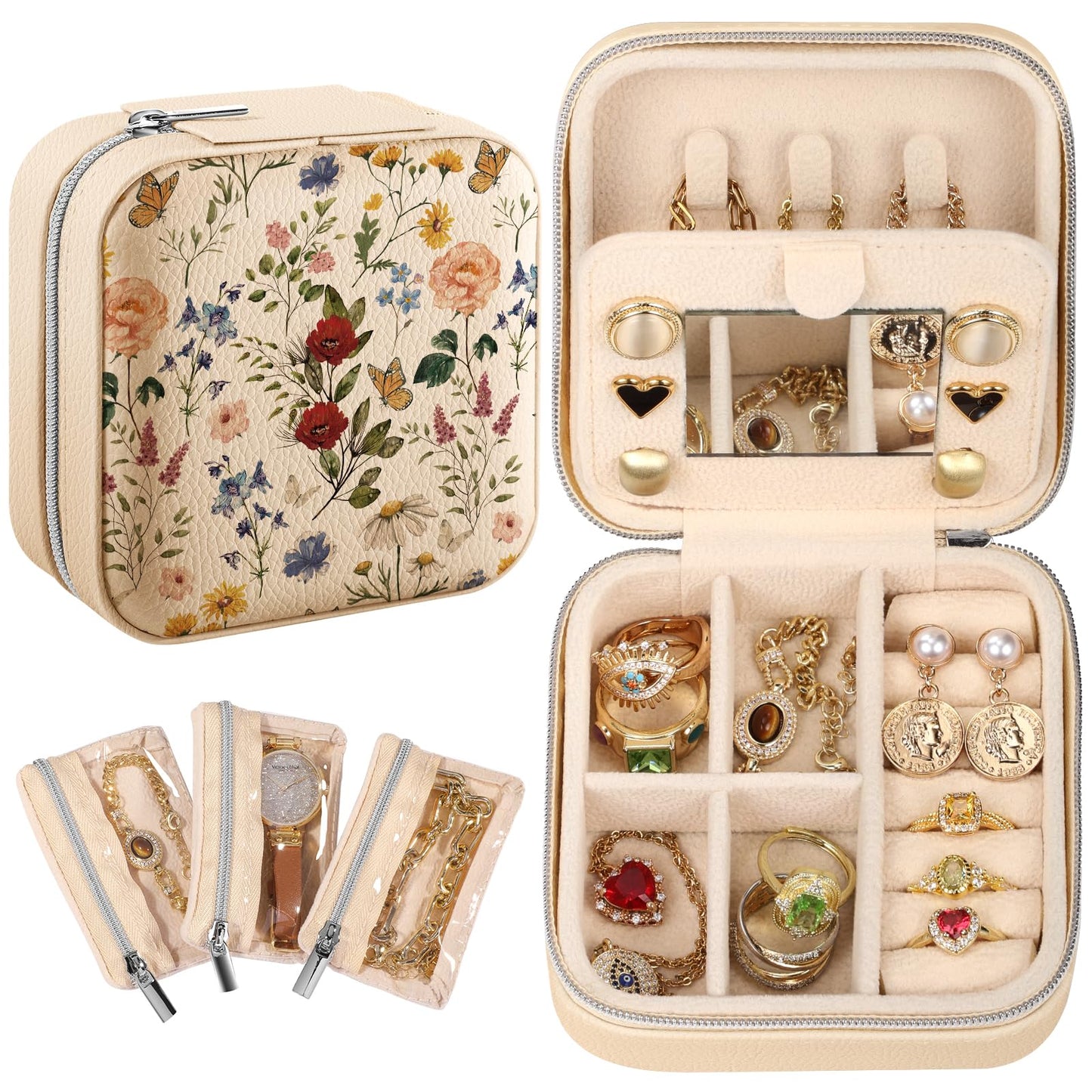 Bistup Travel Jewelry Case - Small Jewelry Organizers and Storage Box for Women Girls Teens Cute Traveling Jewelry Holder with Mirror Little Tiny Compact Flower Floral Modern Unique Aesthetic Pretty
