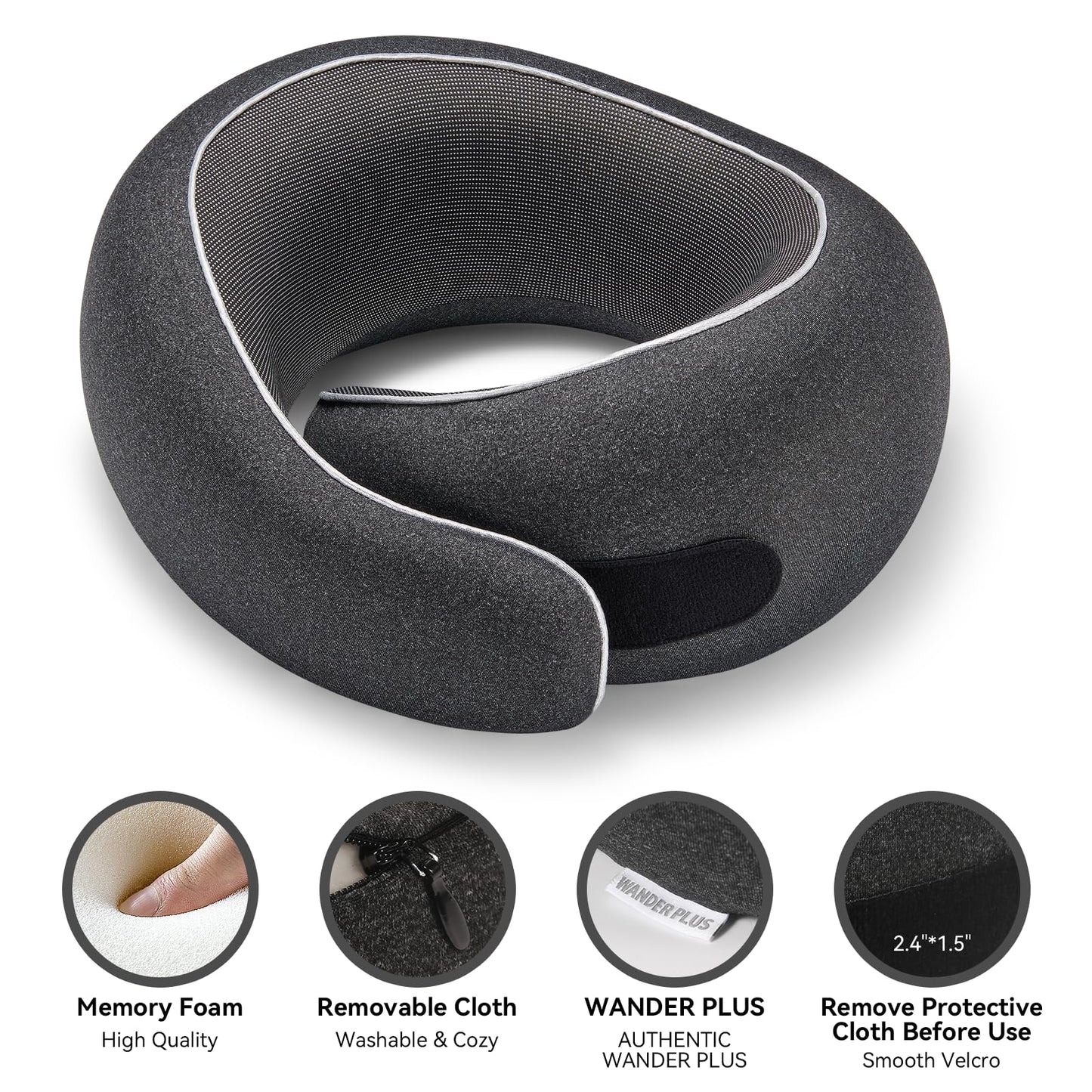 WANDER PLUS® Travel Pillow, 100% Pure Memory Foam Travel Neck Pillow Airplane Neck Support Ergonomic Design Best for Sleeping Plane Car Train Office Flight for Adults Grey
