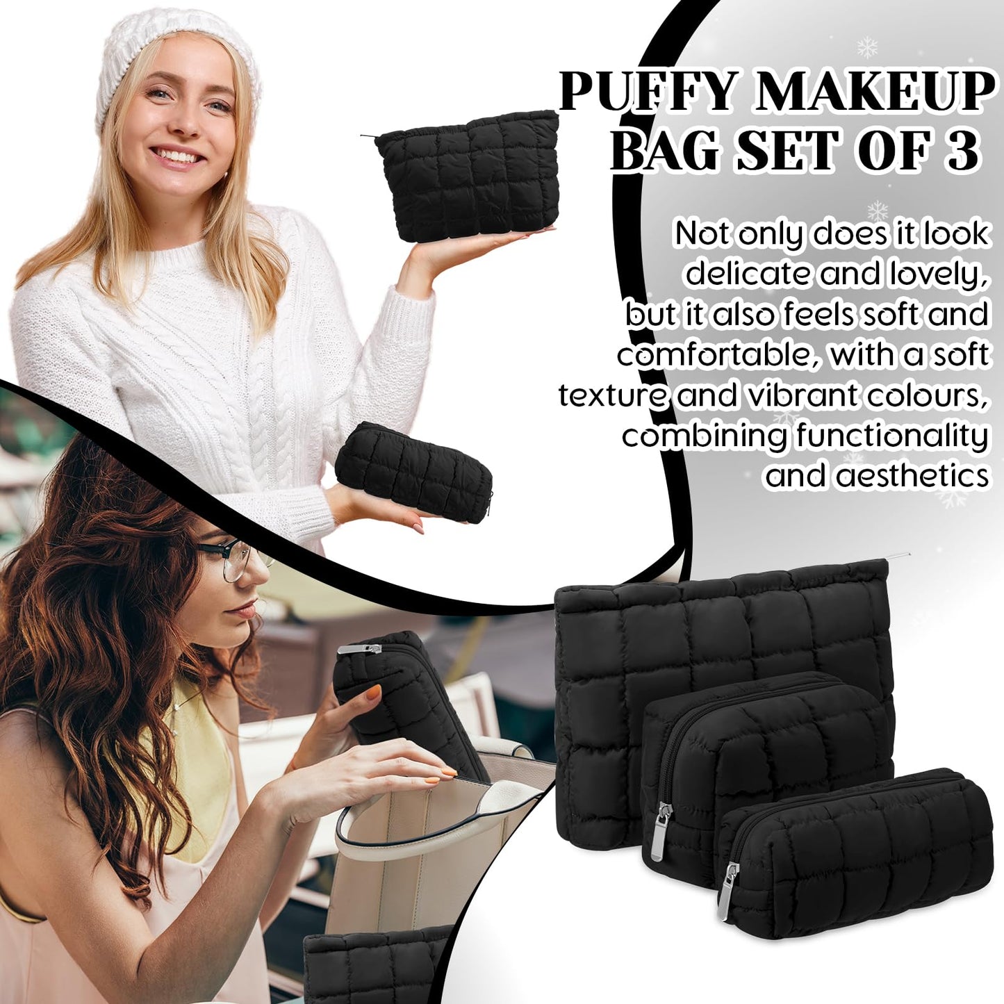 Huhumy 3 Pcs Puffy Makeup Bag Quilted Cosmetic Pouch for Women Cute Checkered Travel Toiletry Bag Puffer Makeup Organizer Purse Pouch Preppy Pencil Case with Zipper