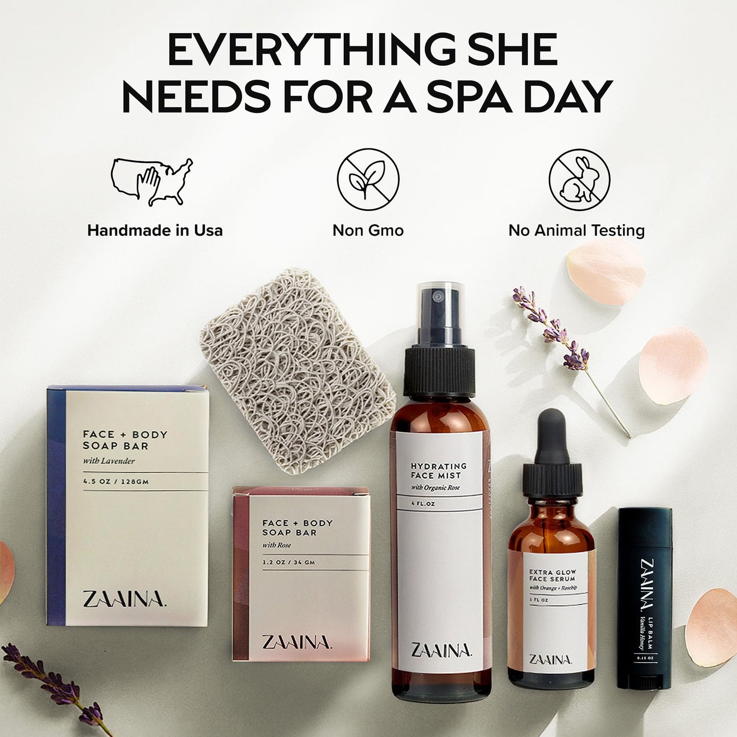 ZAAINA Spa Gift Basket for Women – Luxury Self Care Kit with Face Mist, Glow Serum, Soaps & Lip Balm – Natural Handmade Pampering Care Package for Women – Birthday & Relaxation Spa Basket (Deluxe Set)