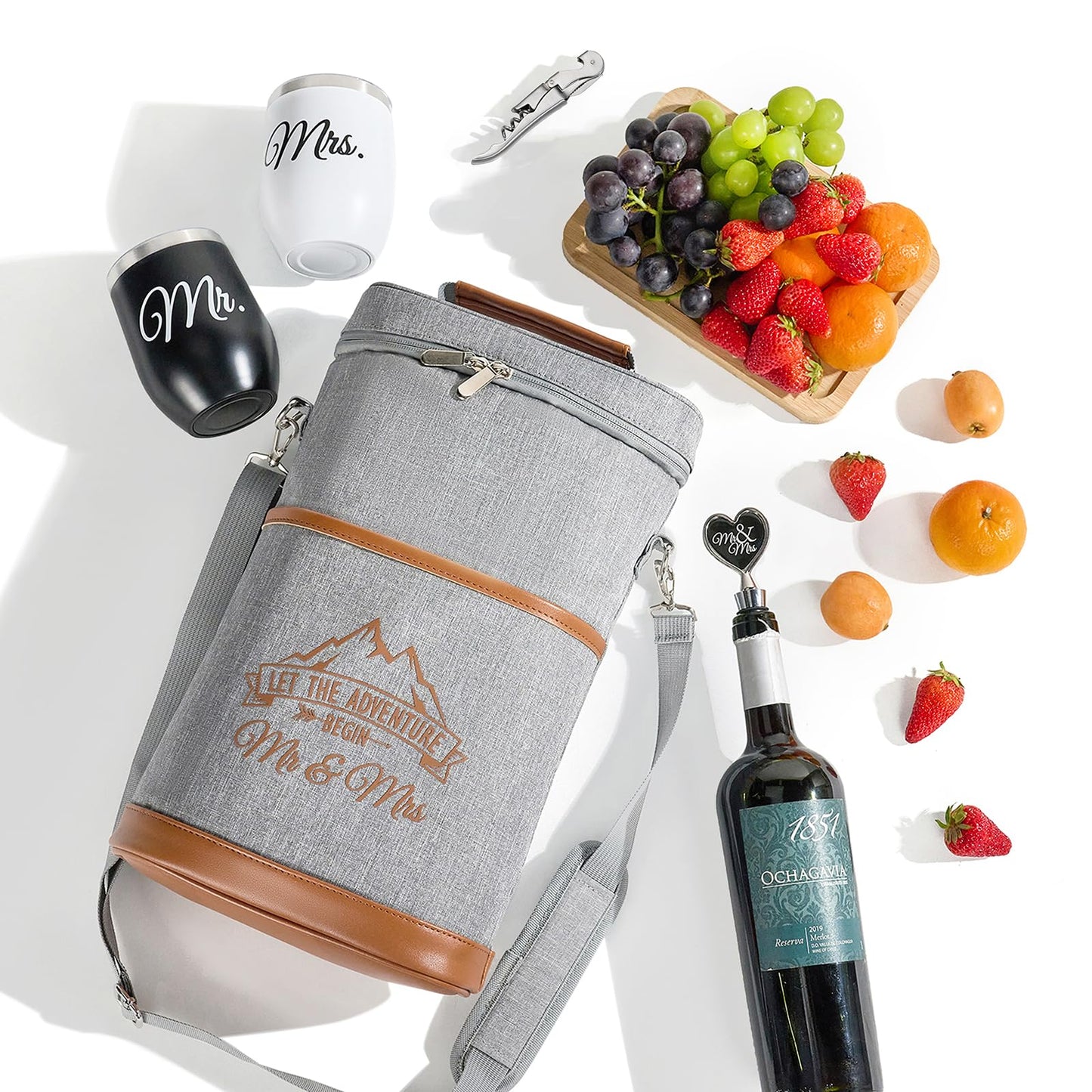 AW BRIDAL Engagement Gifts for Newlywed Couples 2025, Mr and Mrs Wine Gift Basket for Wedding Bridal Shower, Anniversary Insulated Wine Cooler Bag Tumblers with Accessorie Set for Beach Camping Travel