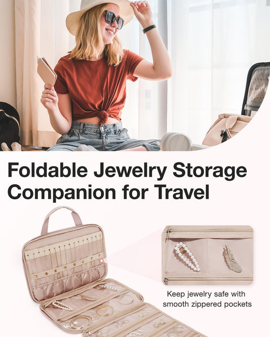 BAGSMART Travel Jewelry Case, Hanging Roll Jewelry Bag with Zipper Pockets Jewelry from Oxidation, Large Capacity for Earrings, Necklaces, Rings on Closet, Wall, Door, Portable Travel Essentials, Pink