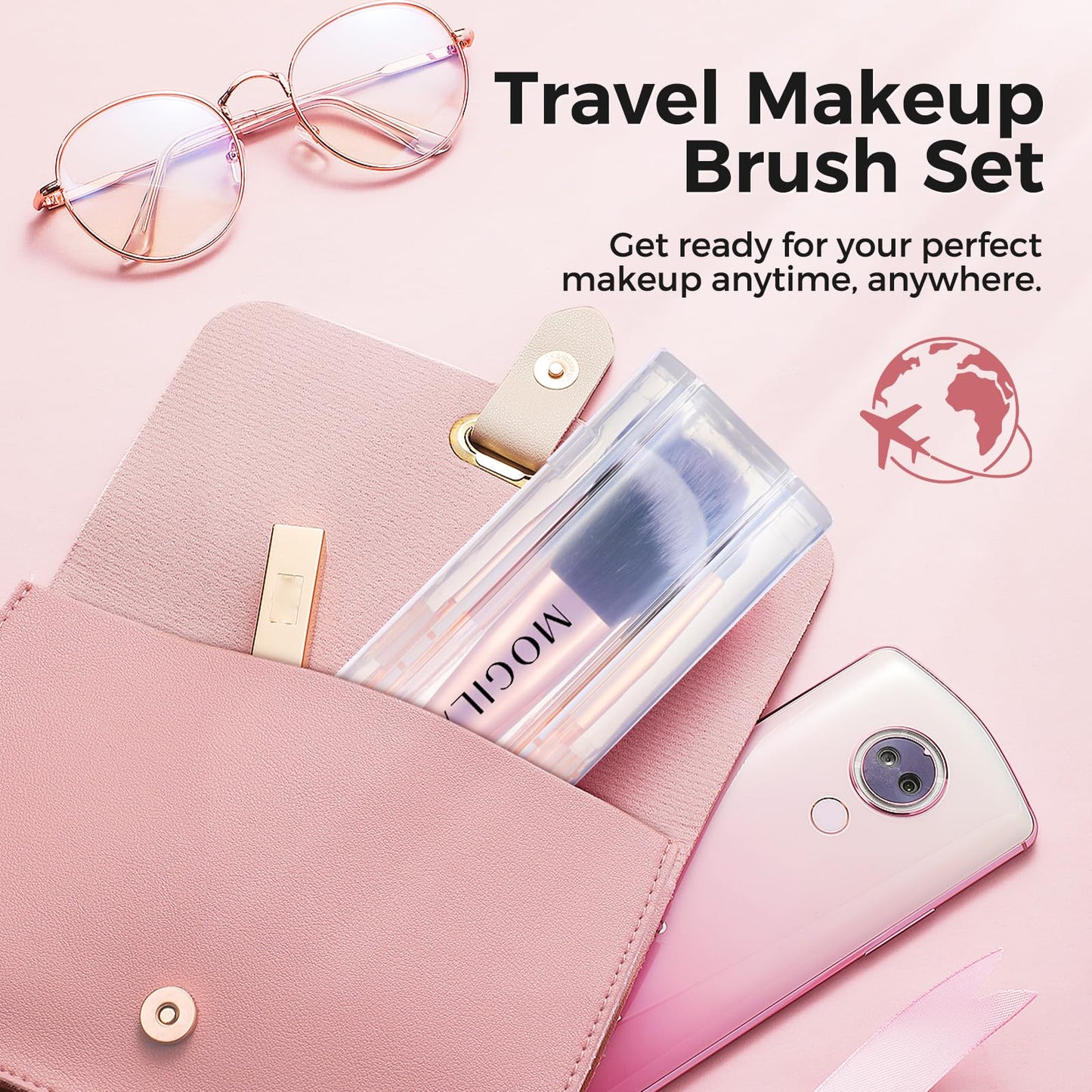 MOGILAN Travel Makeup Brush Set – Portable 6PCS Mini Cosmetic Brushes for Foundation, Concealer, Eyeshadow, Blush, Powder, Contour & Highlight, On-the-Go Makeup Brush Kit with Travel Case