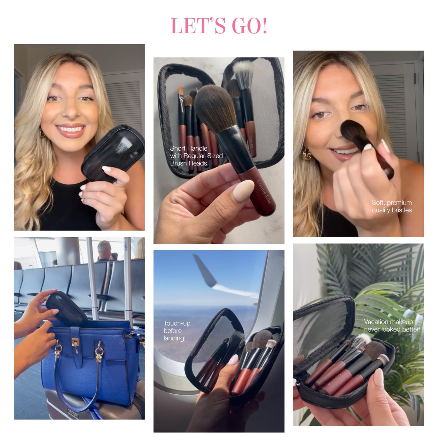 Cosme 9 FULL FACE MINI TRAVEL Make Up Brush Set: Powder, Concealer, Blush, Eyeshadow, Eyeliner, Brow Makeup Brushes Set in Synthetic & Natural Hair Make up Brush Set + Case for Work, Vacation, School