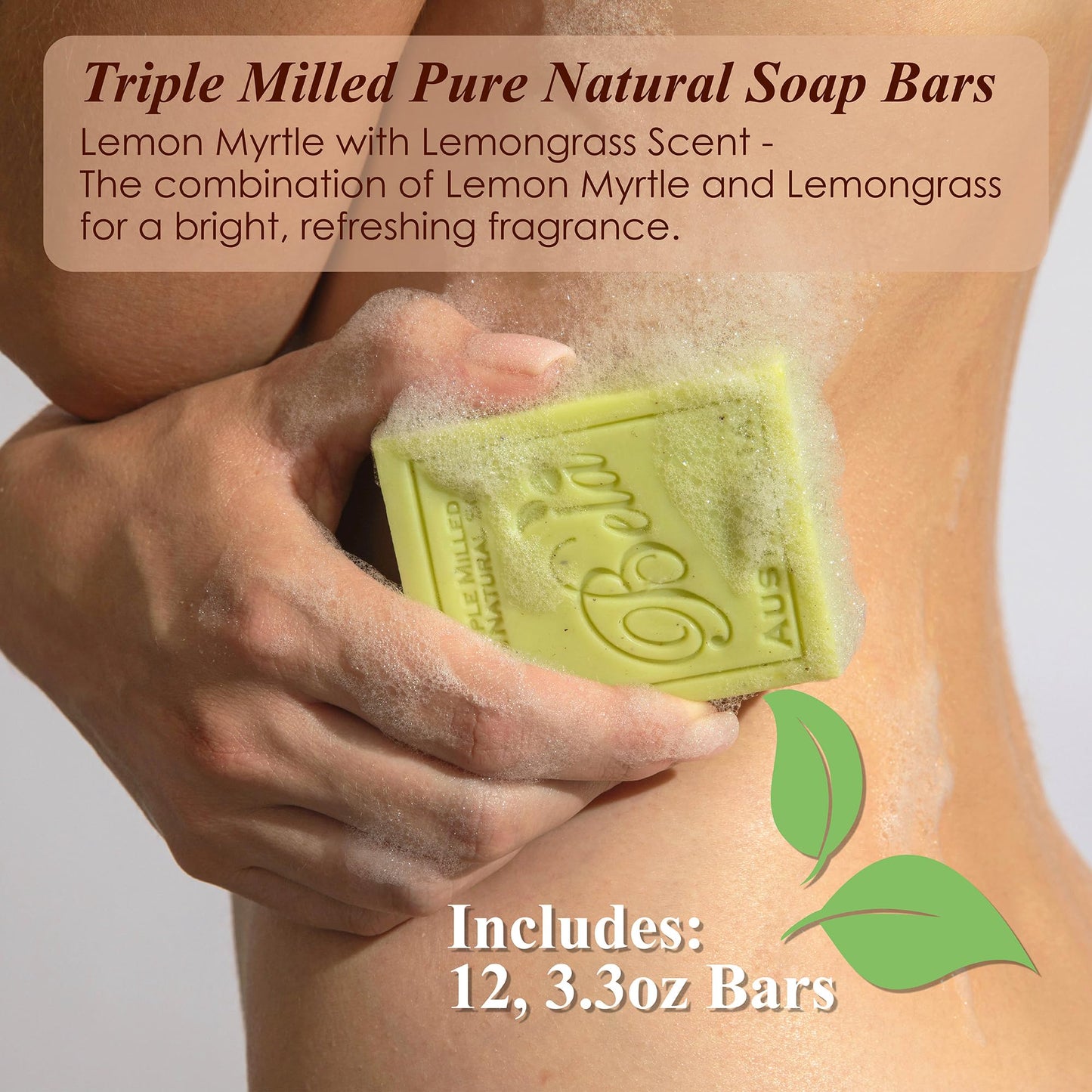 BELA Lemon Myrtle and Lemongrass Soap 3.3 OZ Pack of 12, Long Lasting French Triple Milled Bar Soap with Organic Shea Butter Hand, Face and Body Wash Bar, Made in Australia