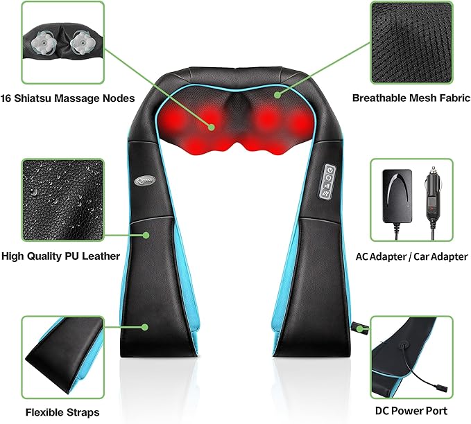 cotsoco Neck Massager, Shiatsu Neck and Back Massager with Heat for Pain Relief, Deep Tissue 3D Kneading Massage Pillow, Relaxation Gifts for Men and Women, Gifts for Dad, Elderly,Wife(Turquoise)