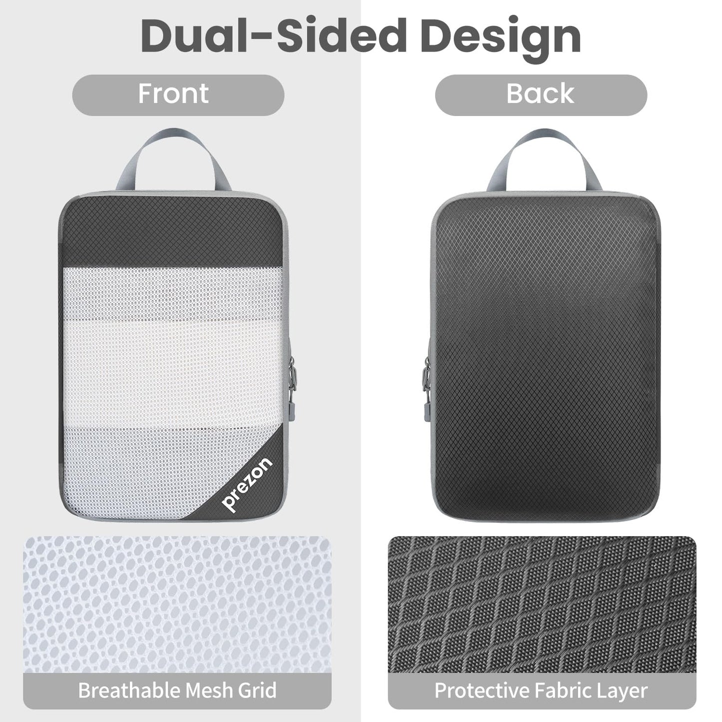 Prezon 8 Set/6 Set/4 Set Compression Packing Cubes for Travel, Lightweight Vacation Travel Essentials,Accessories for Suitcase Organizer Bags Set, Durable Luggage Organizer (6-half mesh-Grey)