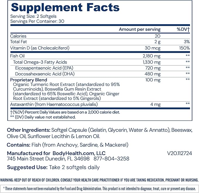 BodyHealth Omega 3 Health, Fish Oil Supplement for Women and Men, Heart and Brain Health, Fish Oil Pills, Fatty Acid Supplements, Omega 3 Vitamins - 60 Soft Gels