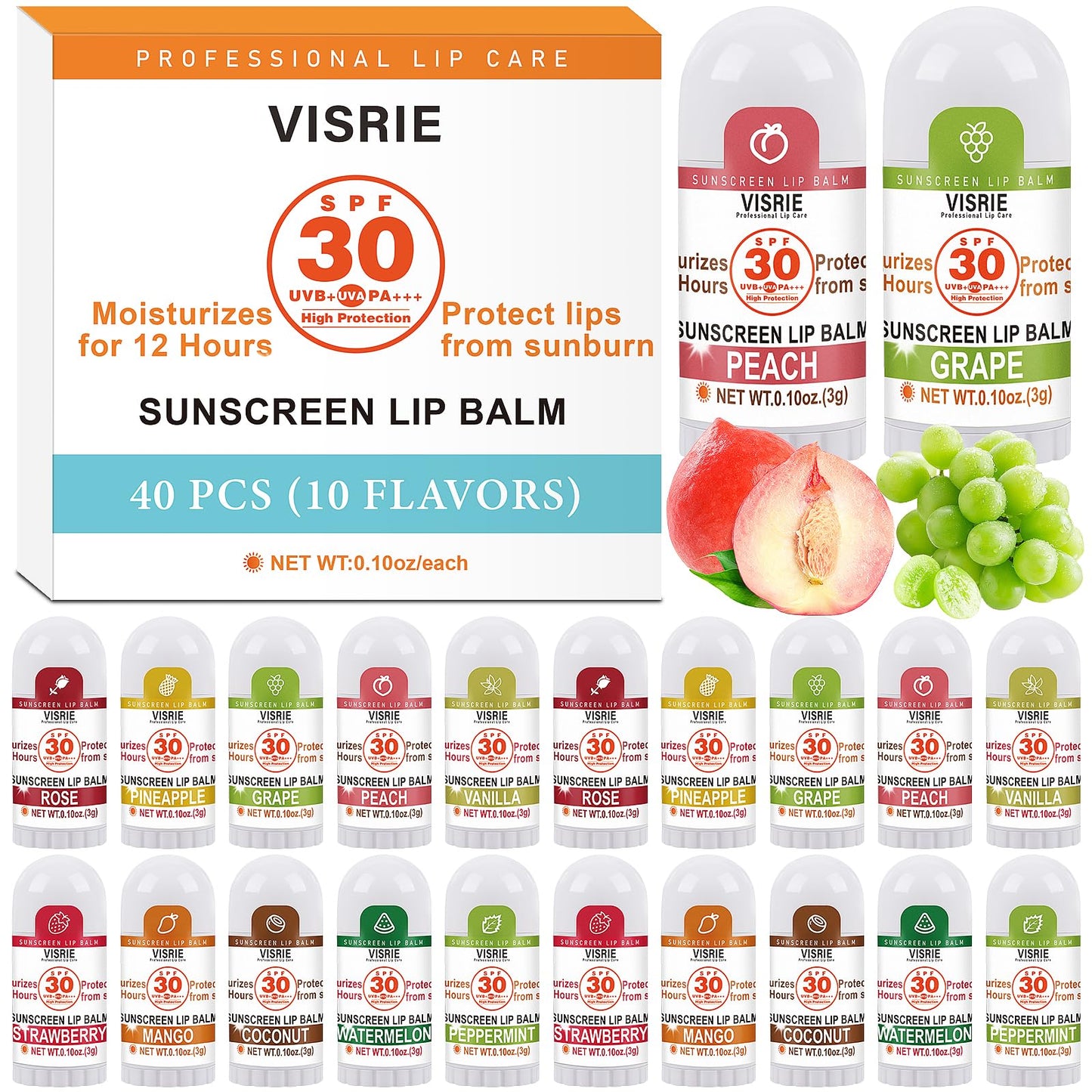 VISRIE SPF 30 Mini Sunscreen Lip Balm, SPF Lip Balm Bulk 40 Count, Travel Sunscreen with Vitamin E and Coconut Oil- 10 Flavors