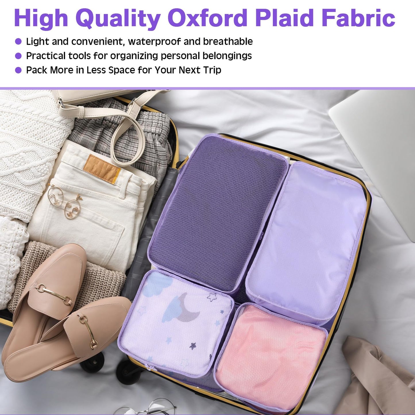 Reginary 2 Packs 6 Set Travel Packing Cubes Luggage Organizer Set Lightweight Suitcase with Shoe Bag for Clothes Toiletries (Purple)